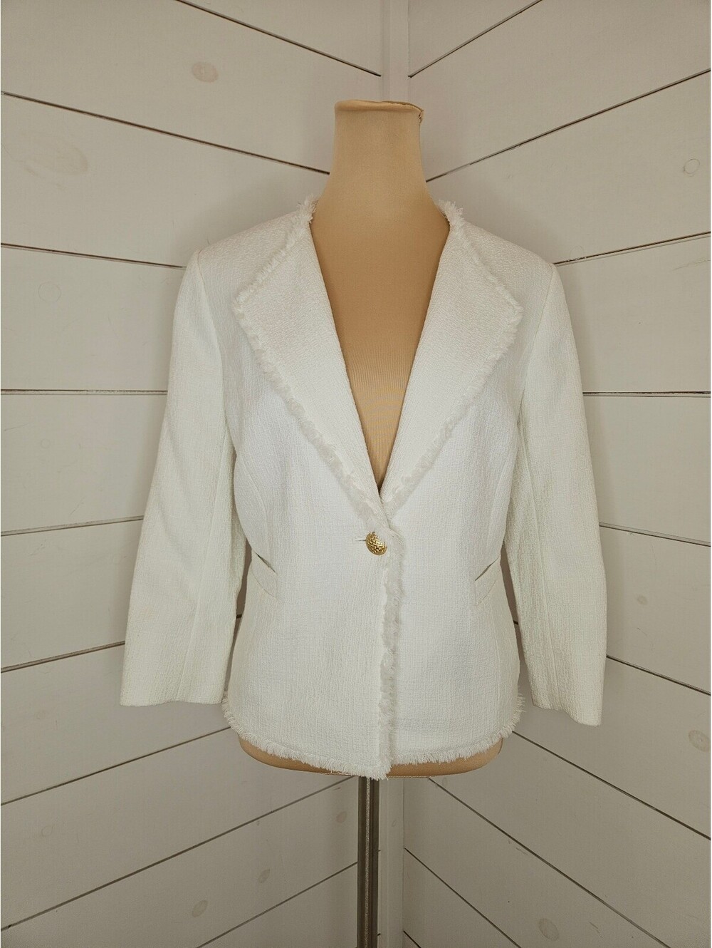 Kasper size 12 white one button blazer with 3/4 sleeves